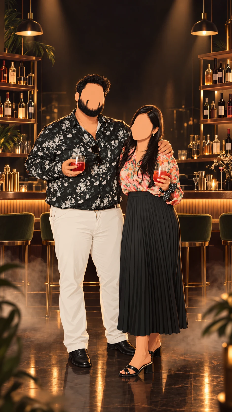 Illustration of Aswath and Athulya holding cocktails at a warmly lit lounge